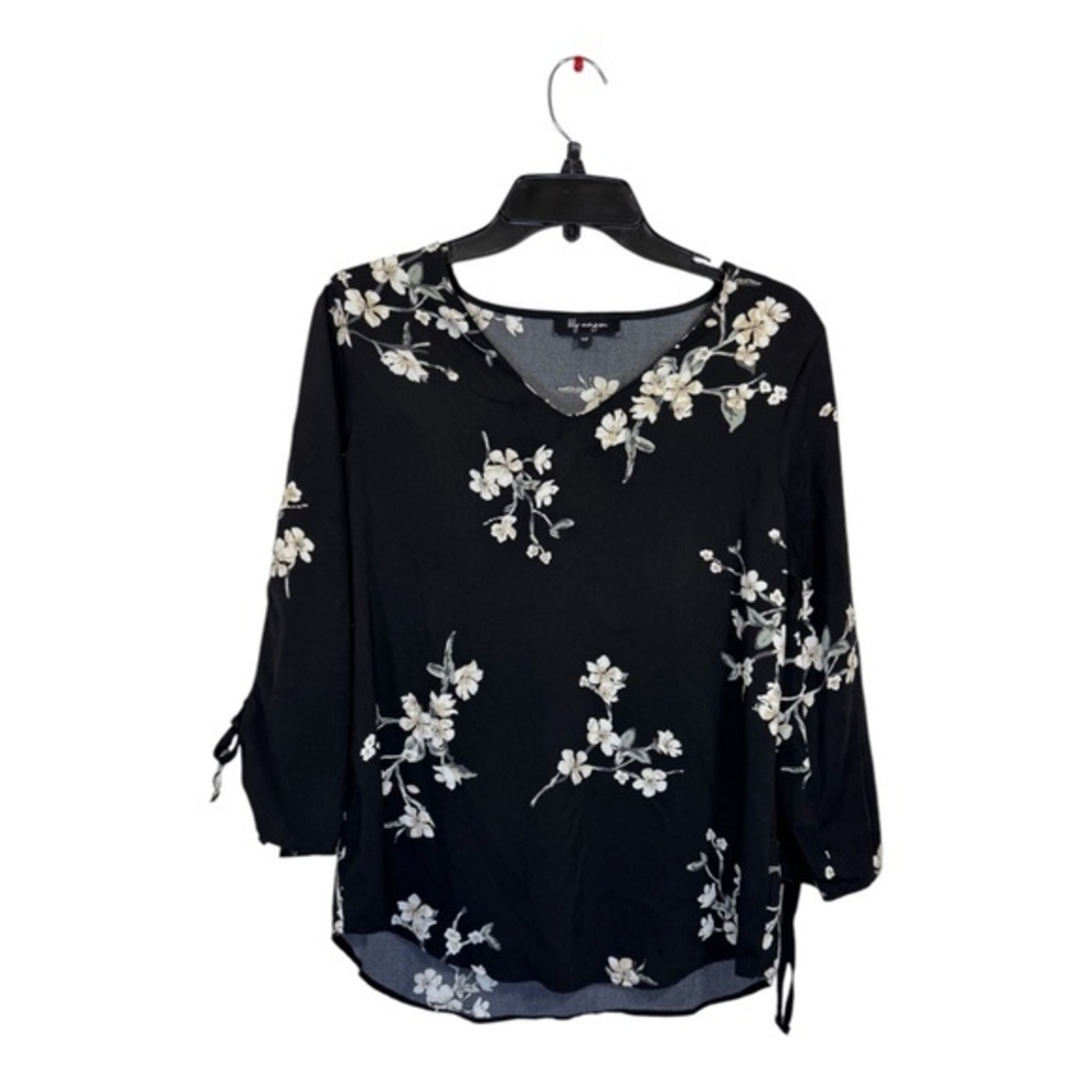 Lily Morgan Blouse Womens Size Small Black Floral Open Sleeve Boho Cottagecore